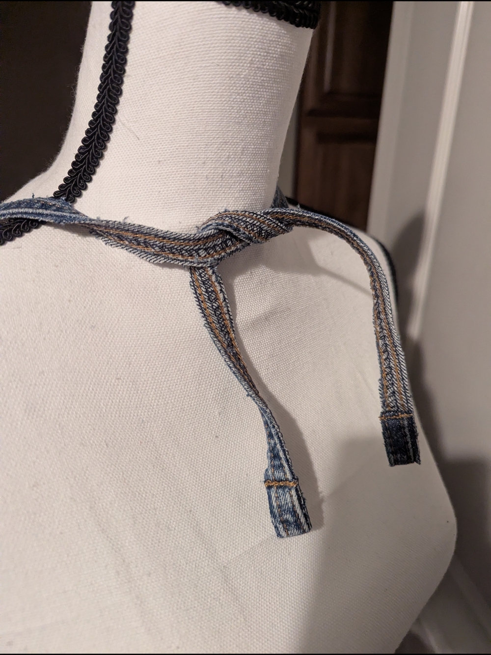Denim Lace Apron Trim Overalls - Blue and Light Pink - Picture 4 of 5